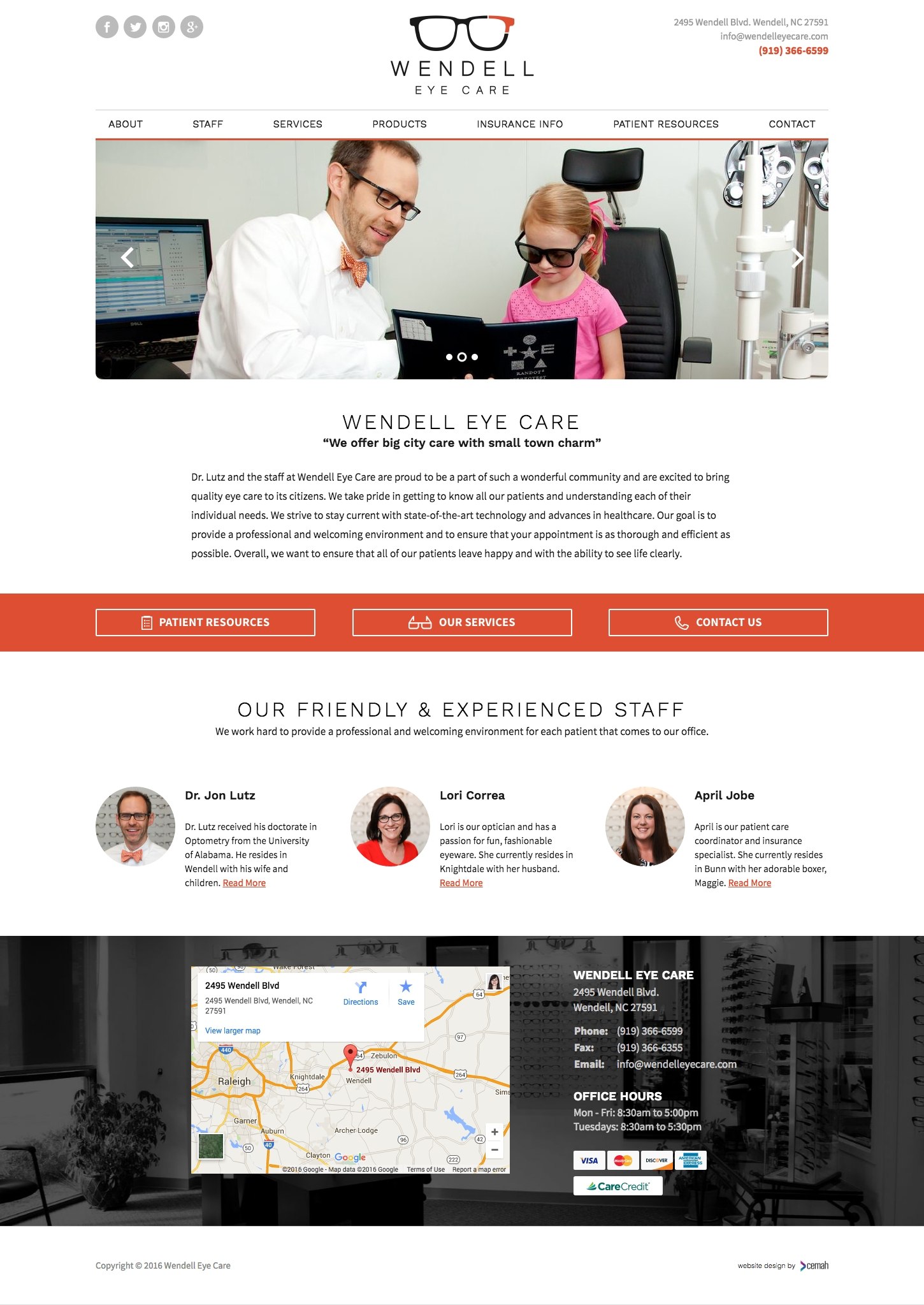 Optometry website design idea featuring the homepage for an eye care office small business