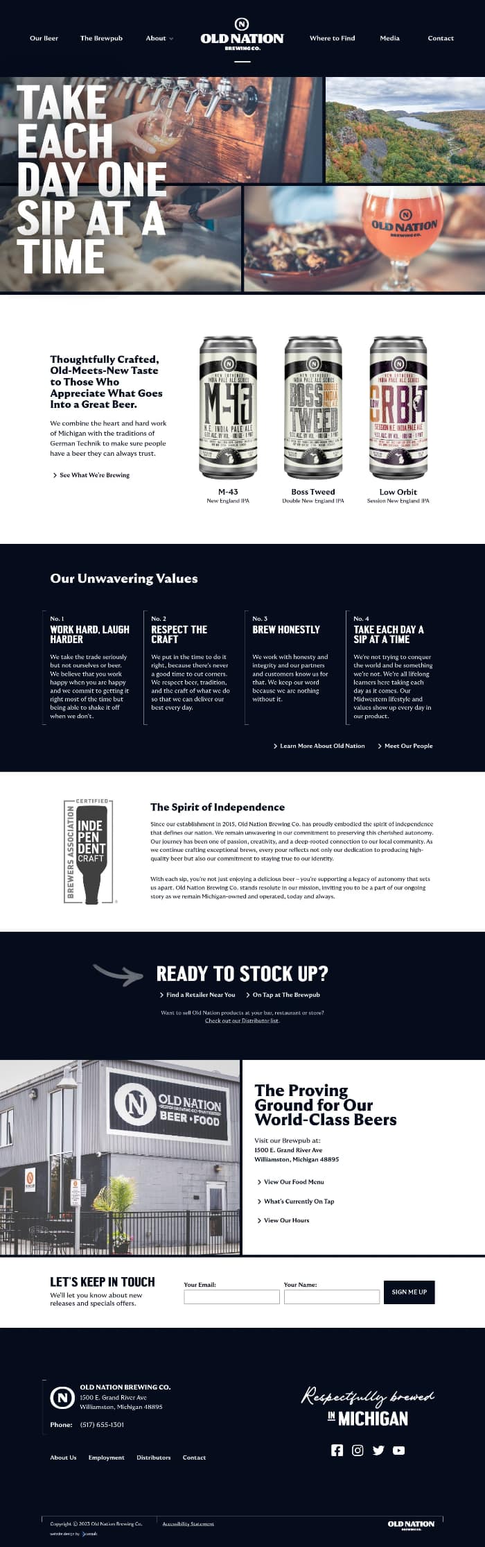 desktop screenshot of Old Nation Brewing Co. website homepage